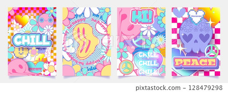 Y2k sticker poster set with retro smile faces 128479298