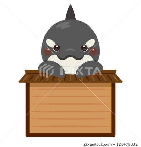 Character illustration of a killer whale riding a wooden sign Character illustration of a killer whale riding a wooden sign 128479332