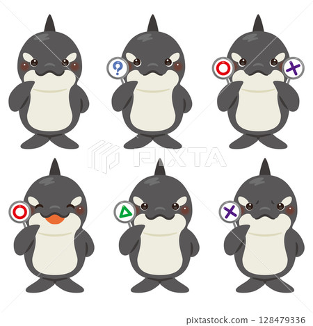 一組虎鯨人物插圖,上面有圓形、方形和三角形的卡片 一組虎鯨人物插圖,上面有圓形、方形和三角形的卡片 128479336