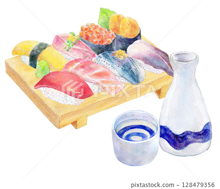 Watercolor illustration, hand-drawn illustration, sushi and sake 128479356