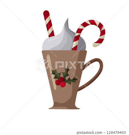 Festive hot chocolate with whipped cream and candy canes in a seasonal mug 128479403