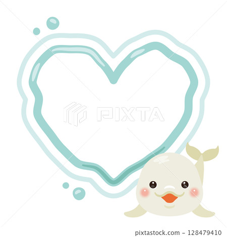 Illustration of a beluga whale giving a heart-shaped bubble ring 1 128479410