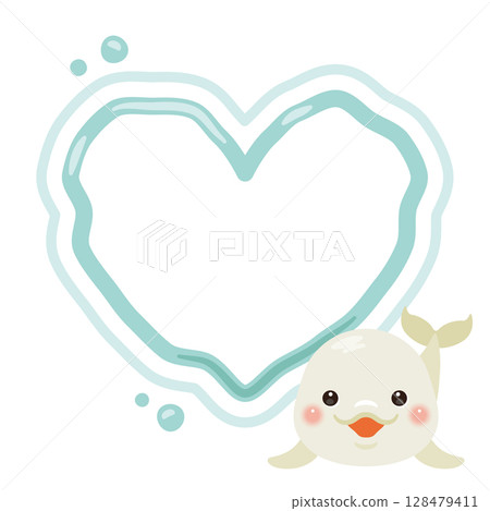 Illustration of a beluga whale giving a heart-shaped bubble ring 2 128479411