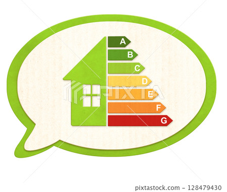 Speech bubble and energy efficiency chart on eco friendly house from recycled paper. Ecology, go green, environmental protection, energy class, bio energetic concept. Isolated on white background 128479430