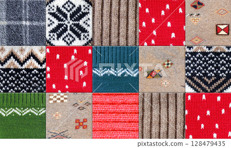 Warm Christmas background with plaid fleece, wool sweater texture with geometric ornament. Holiday backdrop with cozy natural knitted wool material with decorative ornament 128479435