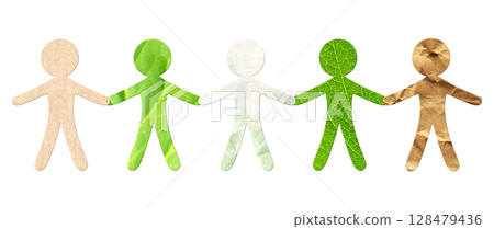 Paper human figures from recycled paper and green leaf, holding hands together. Cutout paper people. Eco-friendly, Ecology, go green, environmental, unity and teamwork concept. Isolated on white Paper human figures from recycled paper and green leaf, holding hands together. Cutout paper people. Eco-friendly, Ecology, go green, environmental, unity and teamwork concept. Isolated on white 128479436