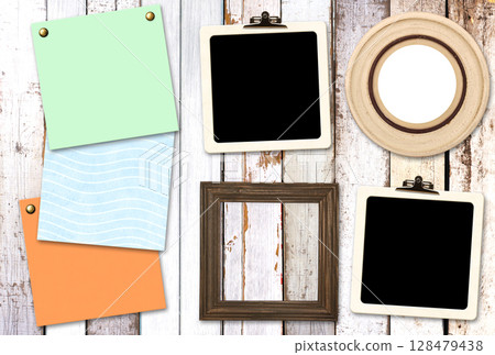Template collage with retro photos and wooden frame. Moodboard pictures album grid for scrapbooking. Vintage style mood board layout. Vintage wooden empty picture frames on wood wall. Copy space Template collage with retro photos and wooden frame. Moodboard pictures album grid for scrapbooking. Vintage style mood board layout. Vintage wooden empty picture frames on wood wall. Copy space 128479438
