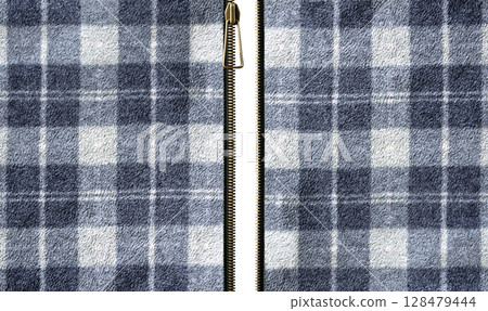 Fleece fabric texture with checkered pattern and zipper opened. Unzipped zipper or fastener. Open zip and Fleece material with plaid pattern of grey, light gray color. Isolated on white background 128479444
