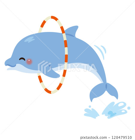 Illustration of a dolphin jumping through a hoop 128479510