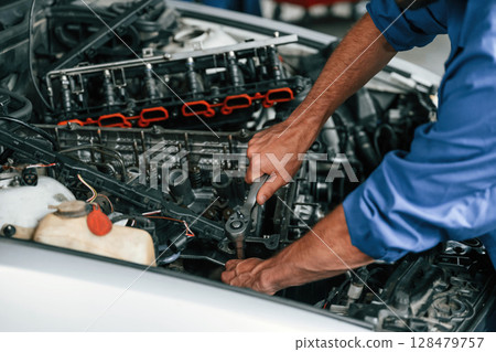Close up view. Auto mechanic working in garage. Repair service 128479757