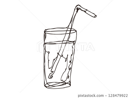用鬆散的線條藝術描繪了一杯直玻璃杯,杯中裝有吸管,裡面裝滿了液體 用鬆散的線條藝術描繪了一杯直玻璃杯,杯中裝有吸管,裡面裝滿了液體 128479922