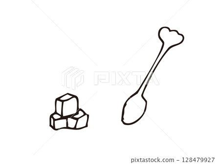 方糖和湯匙的手繪線條插圖 方糖和湯匙的手繪線條插圖 128479927