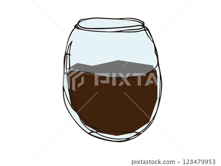 用鬆散的線條藝術描繪一個裝滿液體的圓形杯子的插圖 用鬆散的線條藝術描繪一個裝滿液體的圓形杯子的插圖 128479953