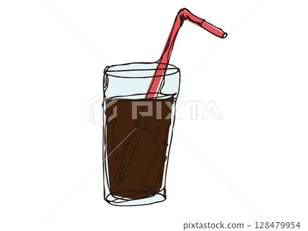 用鬆散的線條藝術描繪了一杯直玻璃杯,杯中裝有吸管,裡面裝滿了液體 用鬆散的線條藝術描繪了一杯直玻璃杯,杯中裝有吸管,裡面裝滿了液體 128479954