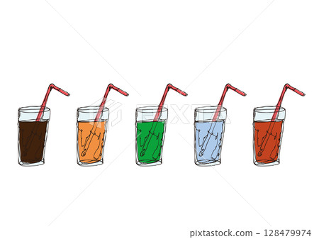 Glasses with drinks line drawing color illustration set 128479974