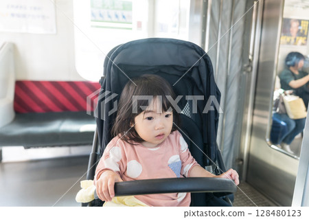 Girl in a stroller on the train 128480123
