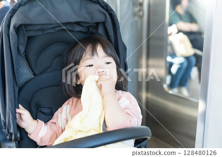 Girl in a stroller on the train 128480126