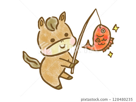 手繪插畫，一隻可愛的小馬因為抓到一條鯛魚而高興，作為新年的祝福 128480235