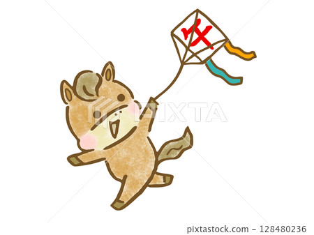 新年插畫：一匹可愛的馬在放風箏 128480236