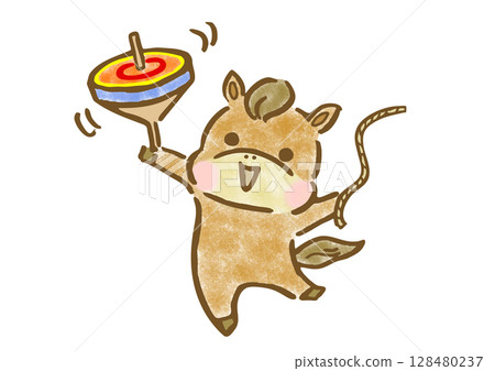 手繪插畫，一匹可愛的馬在旋轉陀螺，以表達新年的祝福 128480237