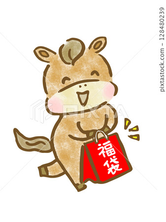 A hand-drawn illustration of a cute horse with a smile and a lucky bag for New Year's greetings 128480239