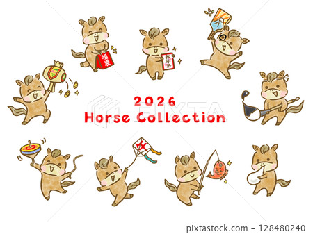 新年祝福的幸運符和可愛馬匹的手繪插圖集 128480240