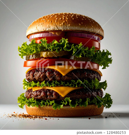 hamburger, cheeseburger, patty, bun, lettuce, tomato, pickle, sauce, fries, fast food, quick meal, burger set, chicken burger, grilled burger, juicy patty, sesame bun, ketchup, combo meal, takeout, sa 128480253