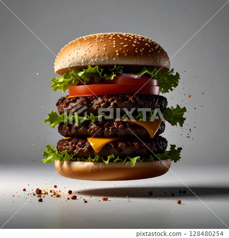 hamburger, cheeseburger, patty, bun, lettuce, tomato, pickle, sauce, fries, fast food, quick meal, burger set, chicken burger, grilled burger, juicy patty, sesame bun, ketchup, combo meal, takeout, sa 128480254