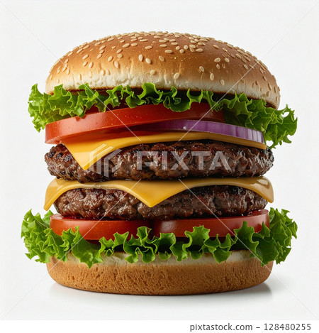 hamburger, cheeseburger, patty, bun, lettuce, tomato, pickle, sauce, fries, fast food, quick meal, burger set, chicken burger, grilled burger, juicy patty, sesame bun, ketchup, combo meal, takeout, sa 128480255