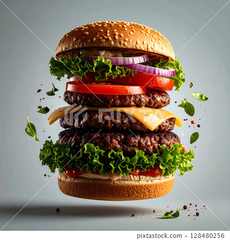 hamburger, cheeseburger, patty, bun, lettuce, tomato, pickle, sauce, fries, fast food, quick meal, burger set, chicken burger, grilled burger, juicy patty, sesame bun, ketchup, combo meal, takeout, sa 128480256