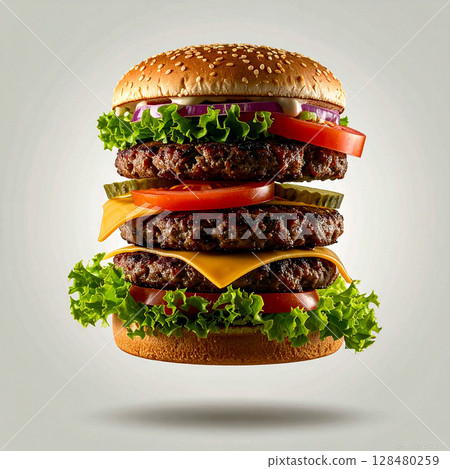 hamburger, cheeseburger, patty, bun, lettuce, tomato, pickle, sauce, fries, fast food, quick meal, burger set, chicken burger, grilled burger, juicy patty, sesame bun, ketchup, combo meal, takeout, sa 128480259