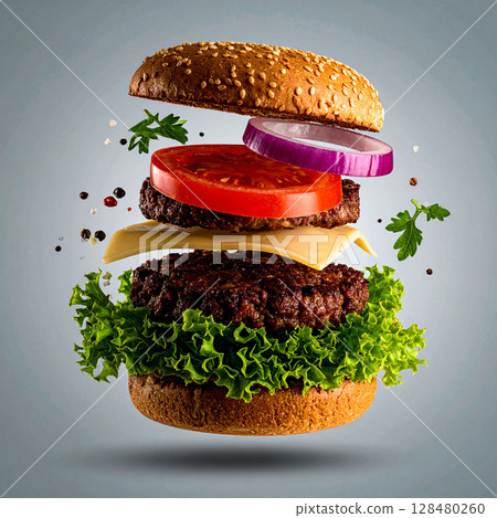 hamburger, cheeseburger, patty, bun, lettuce, tomato, pickle, sauce, fries, fast food, quick meal, burger set, chicken burger, grilled burger, juicy patty, sesame bun, ketchup, combo meal, takeout, sa 128480260