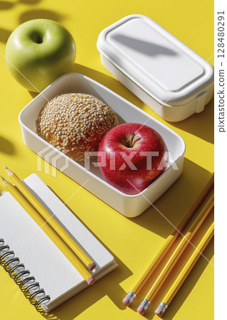 Fresh fruits and stationery items arranged on a vibrant yellow background for back to school 128480291