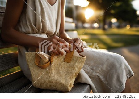 Woman sitting on a bench with a stylish bag, enjoying a sunny day in a park setting 128480292
