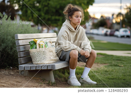 Young girl sitting on a bench with a bag of snacks, reflecting on her back-to-school journey 128480293