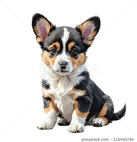 一隻可愛的威爾斯柯基犬卡迪根小狗的剪影插圖 128480294