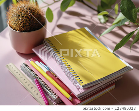 Colorful notebooks and stationery supplies arranged on a pink surface with a potted plant 128480328