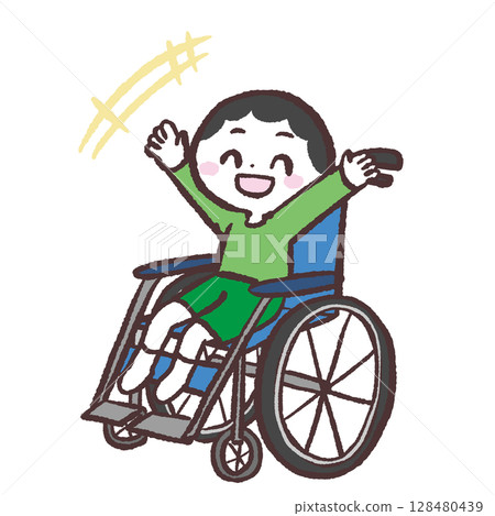 坐在輪椅上的男孩開心的插圖 128480439