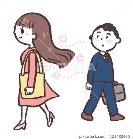 Illustration of a woman with nice smelling hair Illustration of a woman with nice smelling hair 128480450
