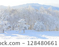 冬山上的樹上覆蓋著雪 128480661