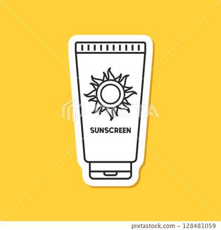 Sunscreen cream paper sticker icon in flat style. Skin protection vector illustration on isolated background. Skincare pharmacy sign business concept. Sunscreen cream paper sticker icon in flat style. Skin protection vector illustration on isolated background. Skincare pharmacy sign business concept. 128481059