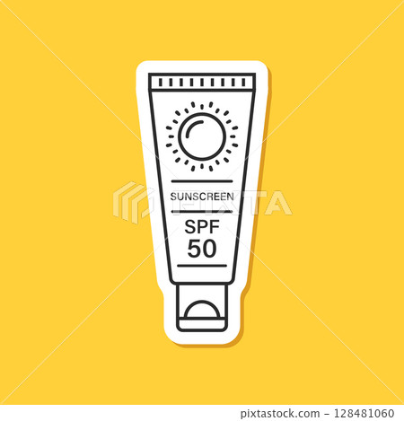 Sunscreen cream paper sticker icon in flat style. Skin protection vector illustration on isolated background. Skincare pharmacy sign business concept. Sunscreen cream paper sticker icon in flat style. Skin protection vector illustration on isolated background. Skincare pharmacy sign business concept. 128481060