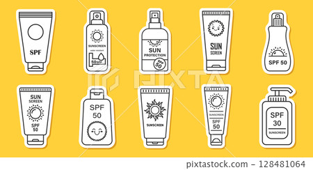 Sunscreen cream paper sticker icon set collection in flat style. Skin protection vector illustration on isolated background. Skincare pharmacy sign business concept. Sunscreen cream paper sticker icon set collection in flat style. Skin protection vector illustration on isolated background. Skincare pharmacy sign business concept. 128481064