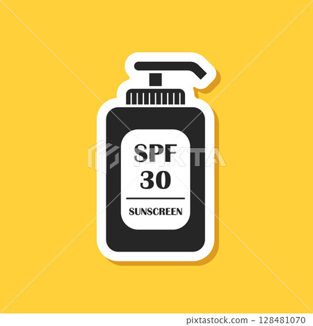 Sunscreen cream paper sticker icon in flat style. Skin protection vector illustration on isolated background. Skincare pharmacy sign business concept. 128481070