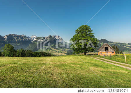 Rustic Wooden Hut in Appenzellerland with Alpstein Mountains, Switzerland 128481074