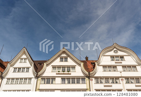 Traditional Appenzell houses with gabled roofs in Gais, Switzerland 128481080