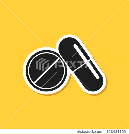 Pill paper sticker icon in flat style. Drug vector illustration on isolated background. Medicine pharmacy sign business concept. Pill paper sticker icon in flat style. Drug vector illustration on isolated background. Medicine pharmacy sign business concept. 128481103