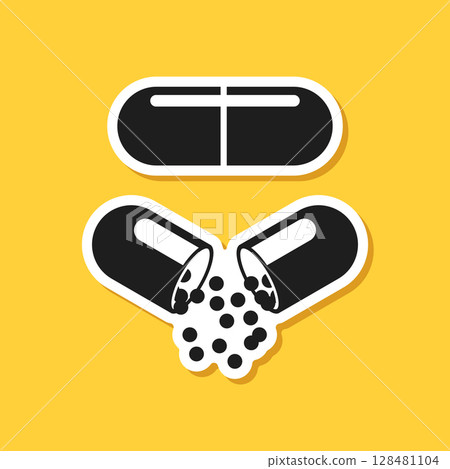 Pill paper sticker icon in flat style. Drug vector illustration on isolated background. Medicine pharmacy sign business concept. 128481104