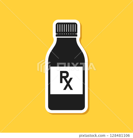 Pill paper sticker icon in flat style. Drug vector illustration on isolated background. Medicine pharmacy sign business concept. Pill paper sticker icon in flat style. Drug vector illustration on isolated background. Medicine pharmacy sign business concept. 128481106