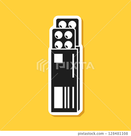Pill paper sticker icon in flat style. Drug vector illustration on isolated background. Medicine pharmacy sign business concept. Pill paper sticker icon in flat style. Drug vector illustration on isolated background. Medicine pharmacy sign business concept. 128481108